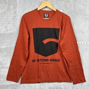 G-Star Raw Mens Long Sleeve T-Shirt Logo Spellout Orange Size Large Retro Casual